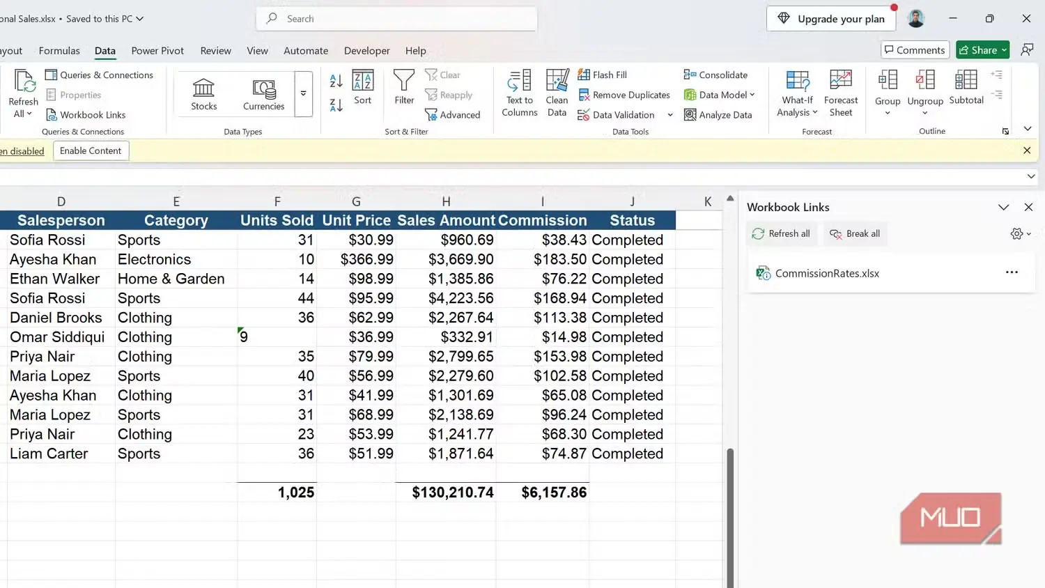 پنل پیوندهای کارپوشه در Excel با کارپوشهٔ پیوندشدهای به نام CommissionRates