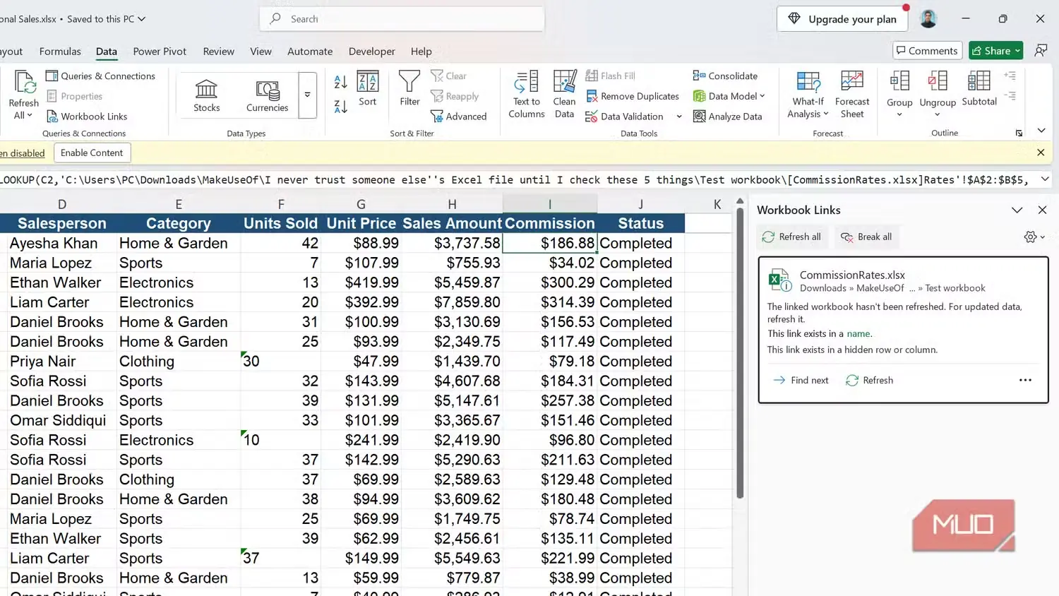 فرمول محاسبهٔ کمیسیون در Excel که نرخ را از مسیر فایلِ کارپوشهای دیگر دریافت میکند