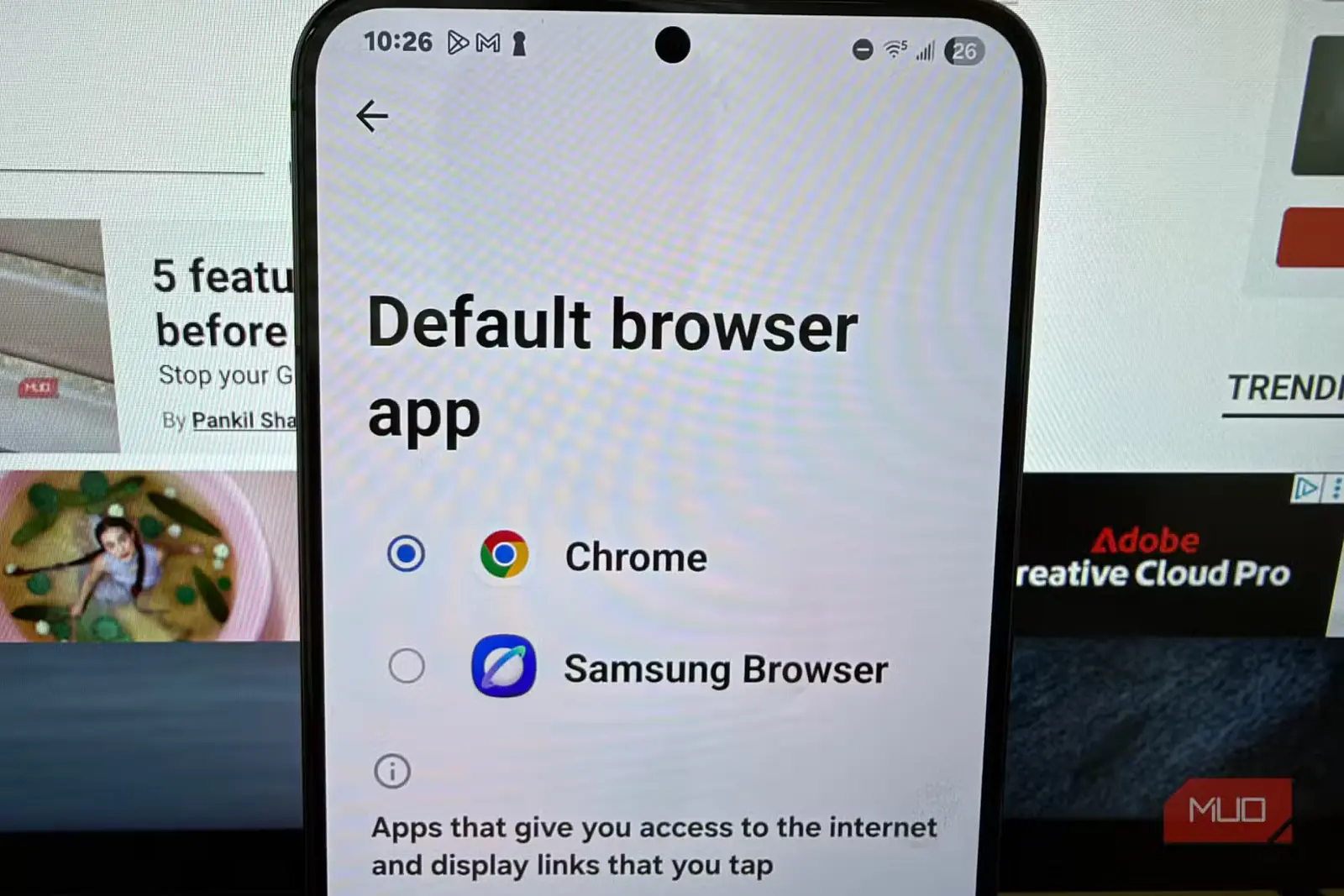 صفحهٔ انتخاب مرورگر پیشفرض در گوشی Samsung