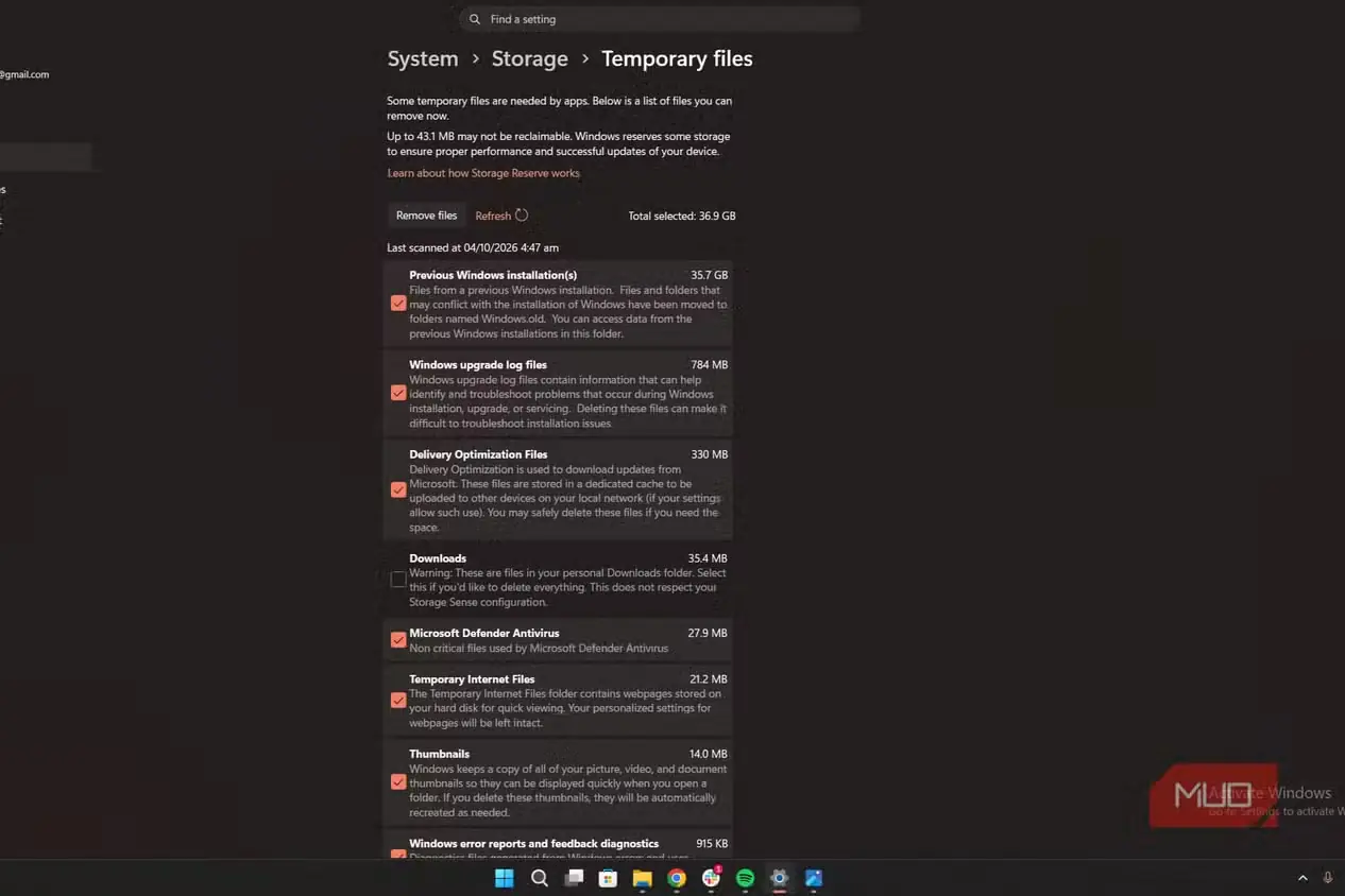 بخش مدیریت فضای ذخیرهسازی Windows