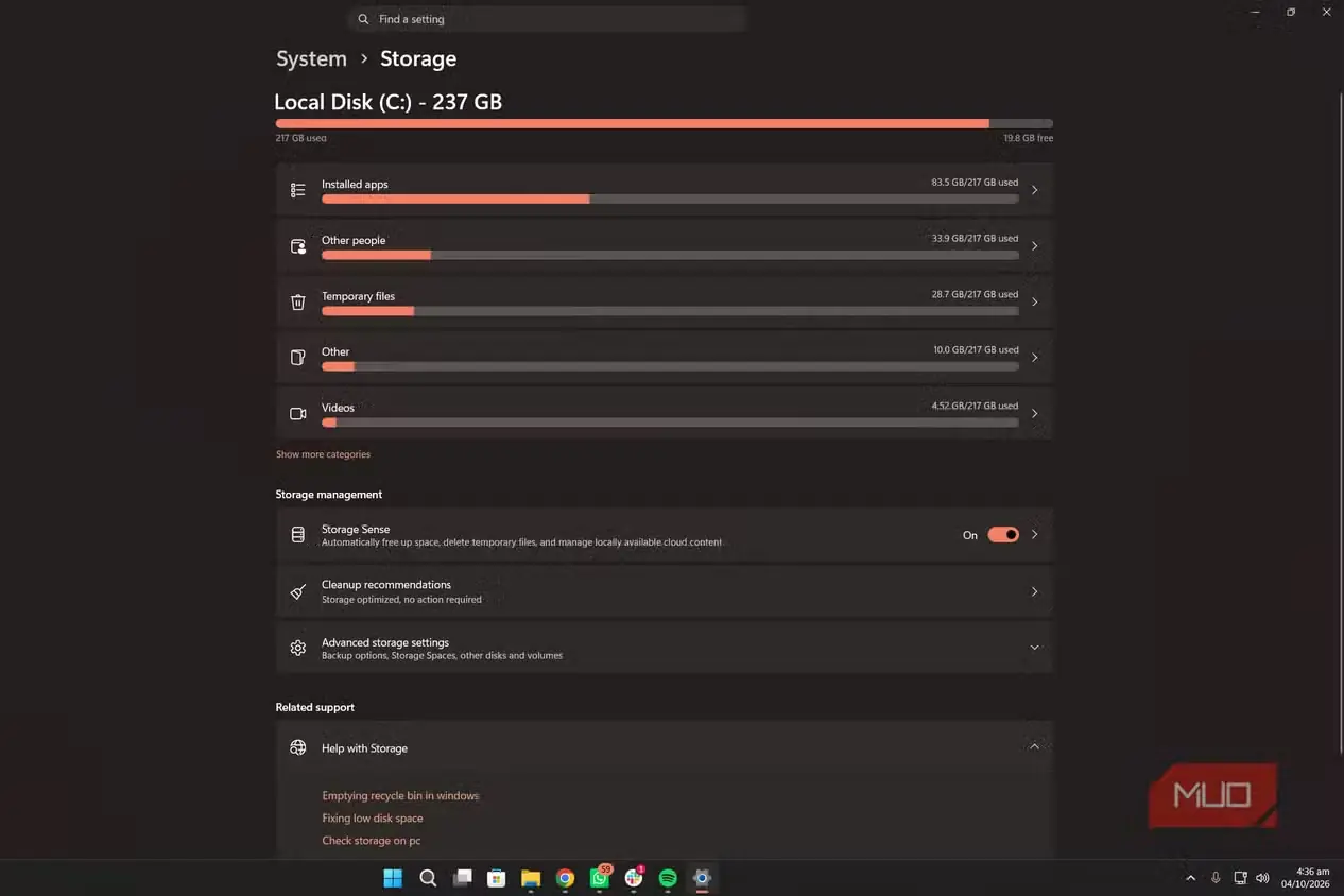 نمای تنظیمات فضای ذخیرهسازی Windows