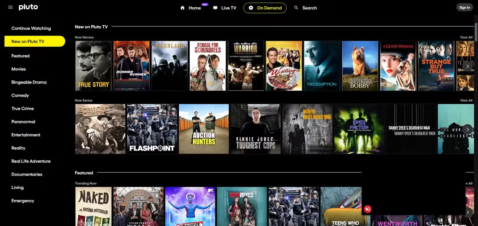 صفحه اصلی سرویس Pluto TV