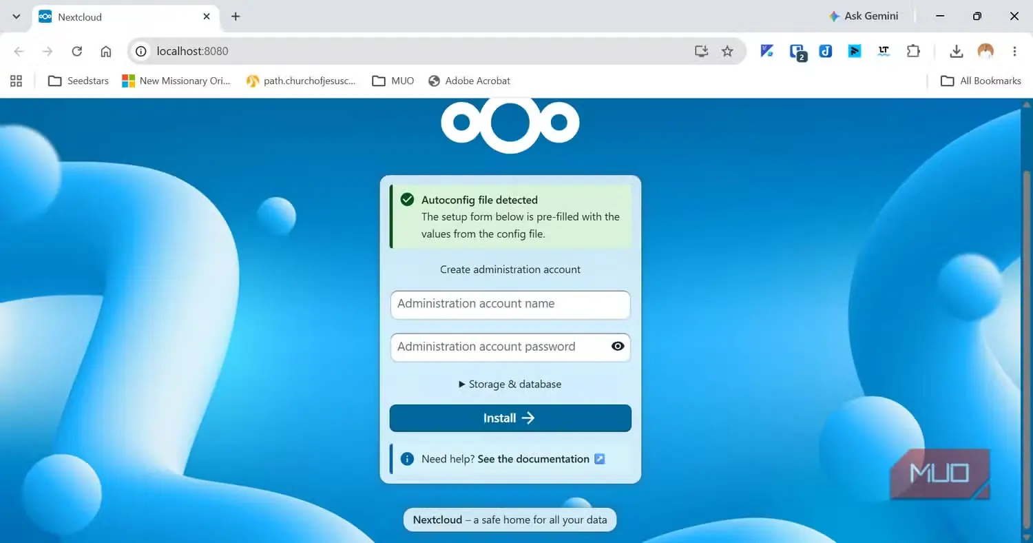 صفحهٔ راهاندازی Nextcloud در مرورگر