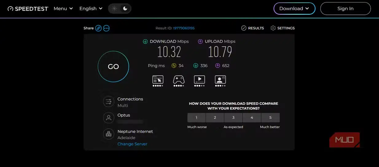 نتایج آزمون سرعت Ookla Speedtest با سرعت بارگیری 10.32 مگابیتبرثانیه، سرعت بارگذاری 10.79 مگابیتبرثانیه و تأخیر بارگذاری زیر بار 652 میلیثانیه
