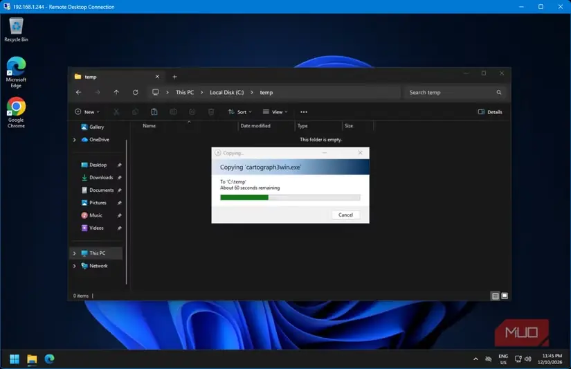 پنجرهٔ کپی ویندوز هنگام انتقال cartograph3win.exe به پوشهٔ موقت رایانهٔ دوردست از راه اتصال دسکتاپ از راه دور