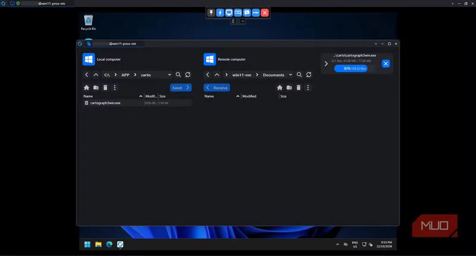 پنجرهٔ انتقال فایل راستدسک هنگام بارگذاری cartograph3win.exe روی رایانهٔ ویندوزی دوردست با پیشرفت 80 درصدی