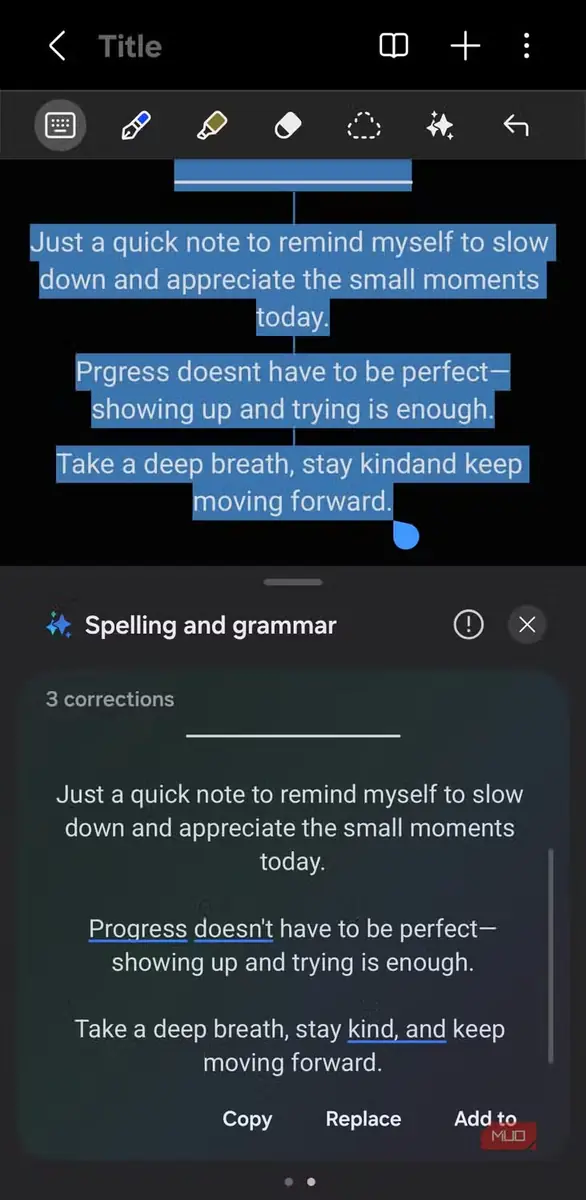 بررسی املا و دستور زبان در Samsung Notes