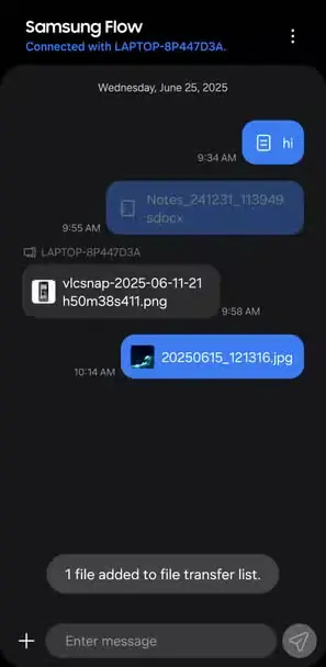 هشدار ارسال فایل در برنامه Samsung Flow روی گوشی