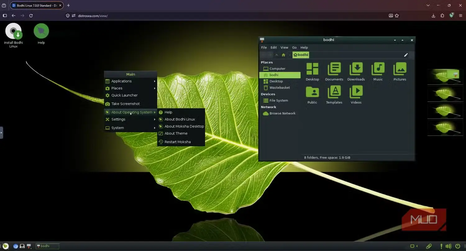اجرای Bodhi Linux در DistroSea با فهرست میزکار Moksha و مدیر پروندهٔ باز