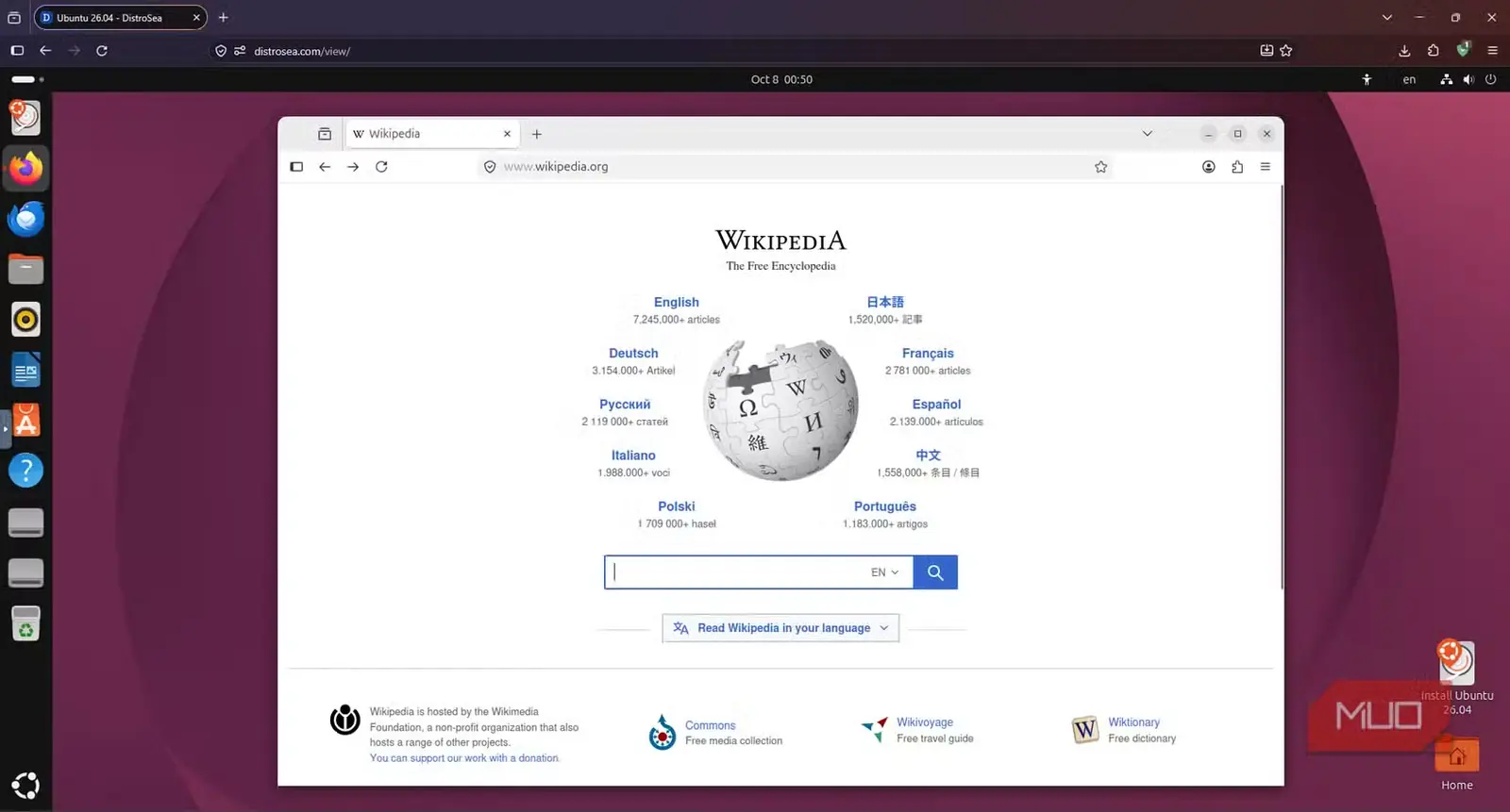 نمایش صفحهٔ اصلی ویکیپدیا در Firefox، داخل نشست Ubuntu در DistroSea