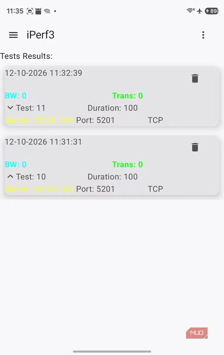 نتایج آزمایش iperf3 روی تلفن همراه