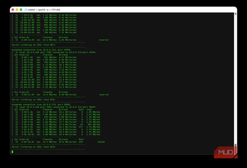 خروجی iperf3 در پنجرهٔ پایانه