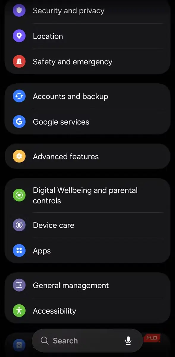 منوی تنظیمات Samsung همراه با بخش مراقبت از دستگاه
