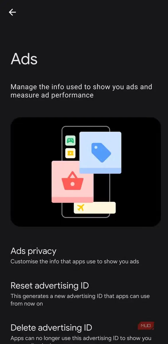 منوی Google Ads با گزینههای بازنشانی و حذف شناسه