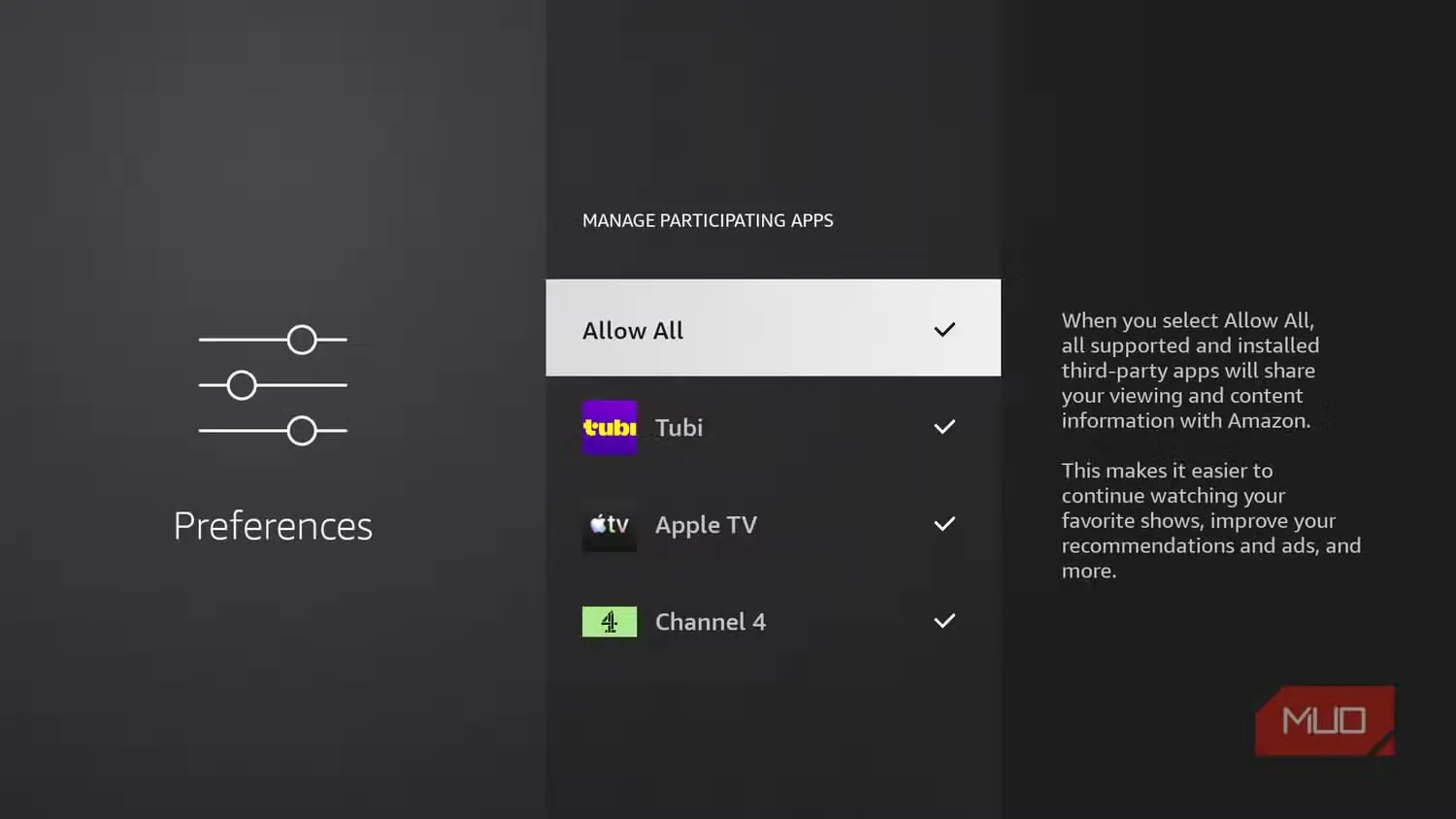 گزینههای اشتراکگذاری دادههای برنامه در Fire TV