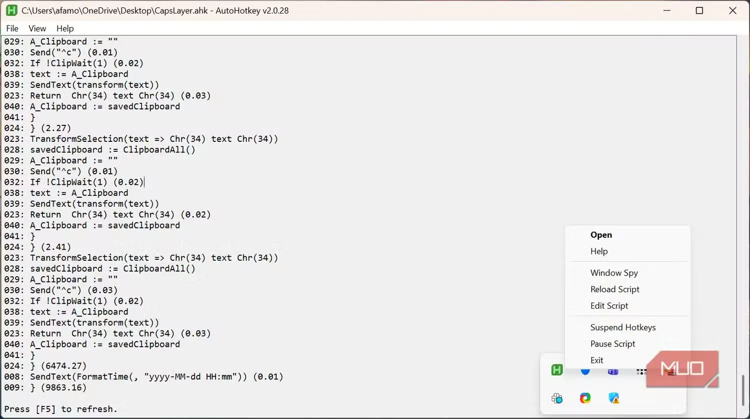 گزینههای AutoHotkey در نوار وظیفه