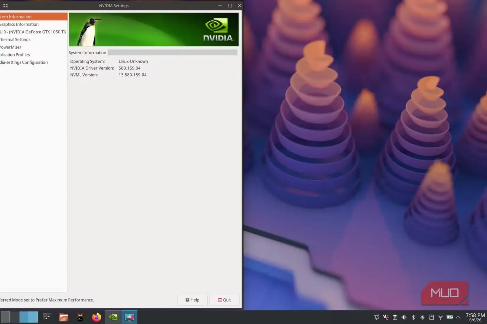 صفحهٔ کنترل Nvidia برای لینوکس