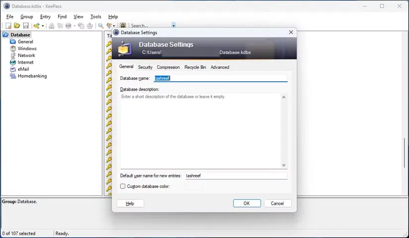 پنجرهٔ تنظیمات پایگاه داده در KeePass