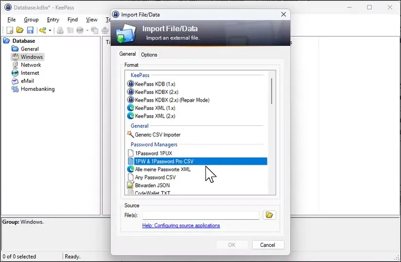 پنجرهٔ درون‌ریزی داده‌های 1Password در KeePass