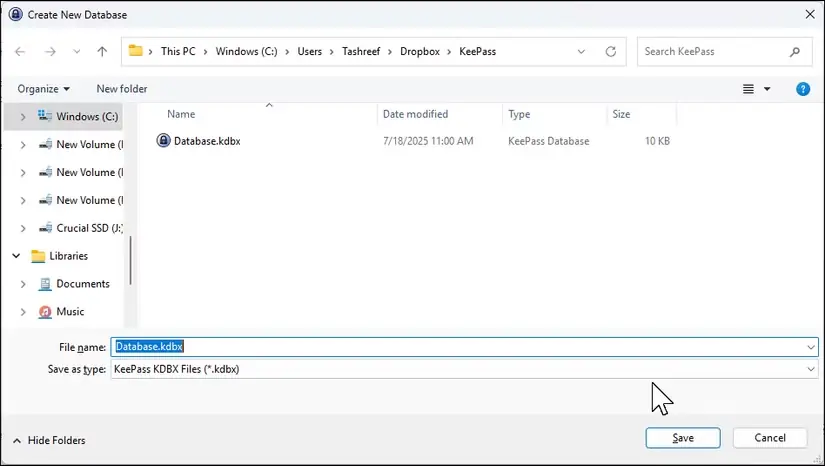 پنجرهٔ ساخت پایگاه دادهٔ جدید در KeePass و Dropbox