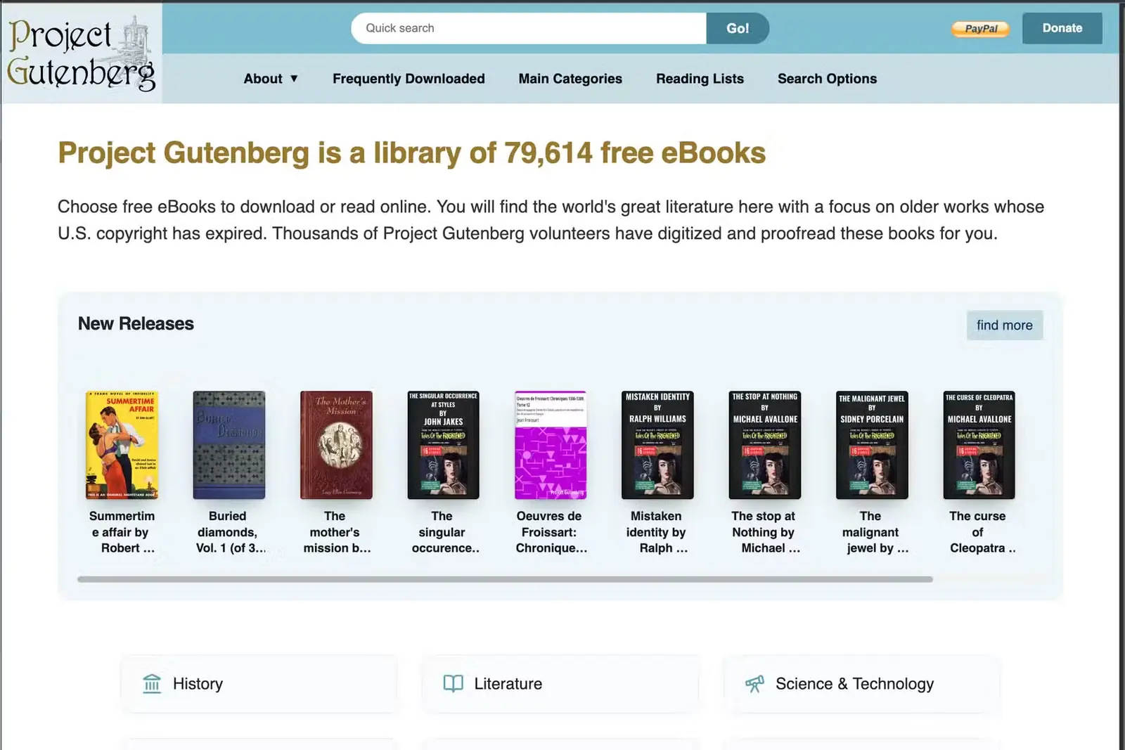 نمایی از صفحه اصلی Project Gutenberg