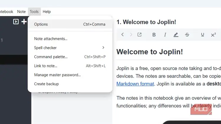 باز کردن بخش تنظیمات در Joplin