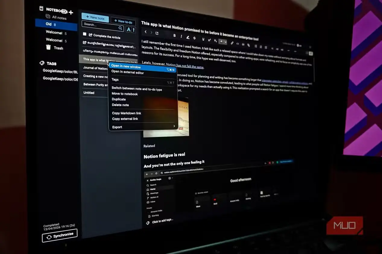 اجرای برنامهٔ Joplin روی صفحهنمایش MacBook