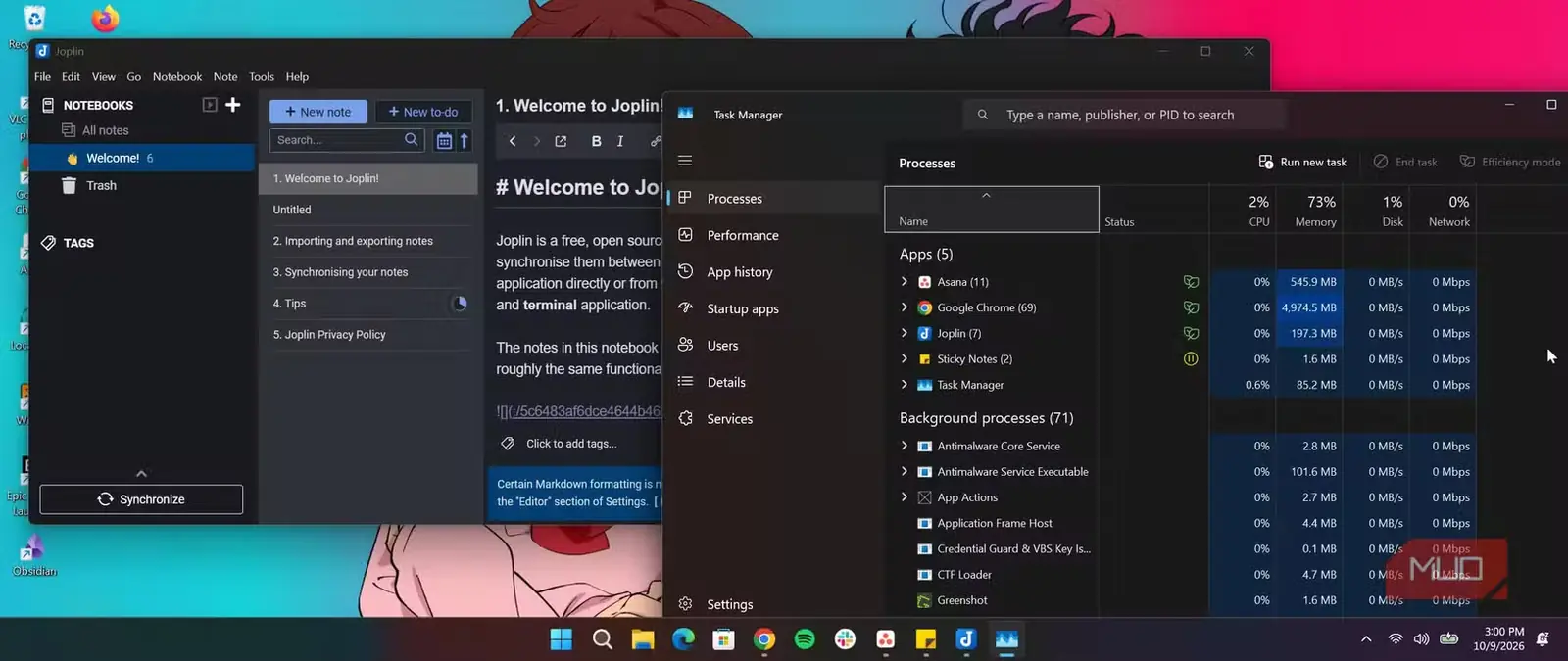 برنامهٔ Joplin در کنار مدیر وظایف Windows