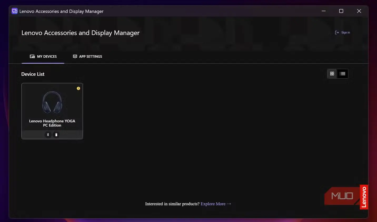 صفحهٔ برنامهٔ Lenovo Accessory and Display Manager