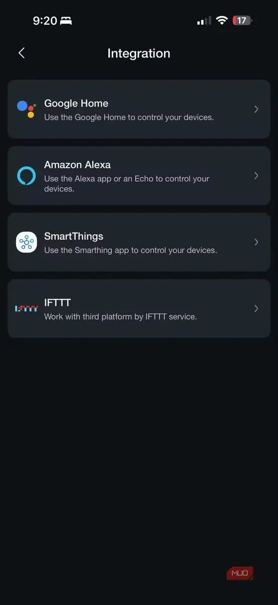 صفحه یکپارچهسازی برنامه AiDot با فهرست Google Home، Alexa، SmartThings و IFTTT
