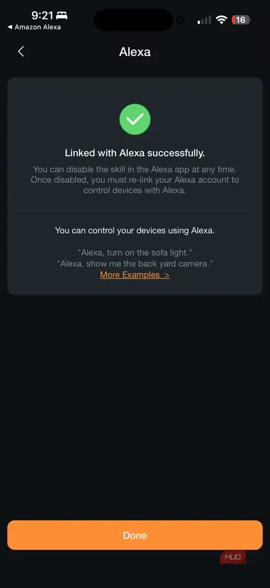 پیام تأیید برنامه AiDot درباره پیوند موفق حساب کاربری با Alexa