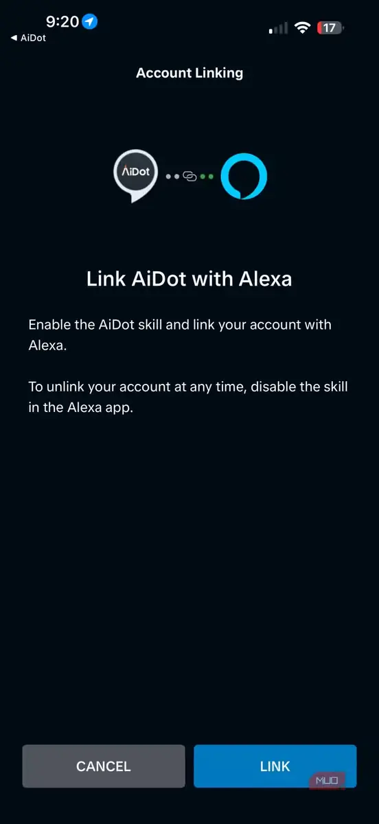 صفحه پیوند حساب در برنامه AiDot برای اتصال AiDot به Alexa