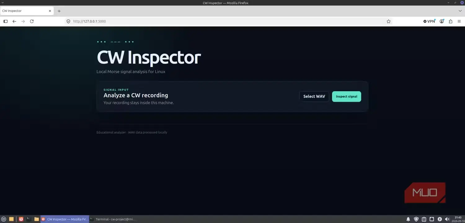 اجرای محلی CW Inspector در Linux Mint همراه با بخش بارگذاری فایل WAV