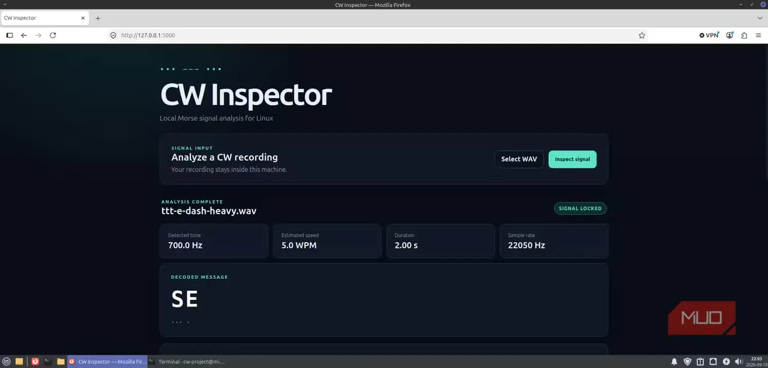 رمزگشایی نادرست پیام مورسِ سرشار از خط تیرهٔ TTT E بهصورت SE در CW Inspector