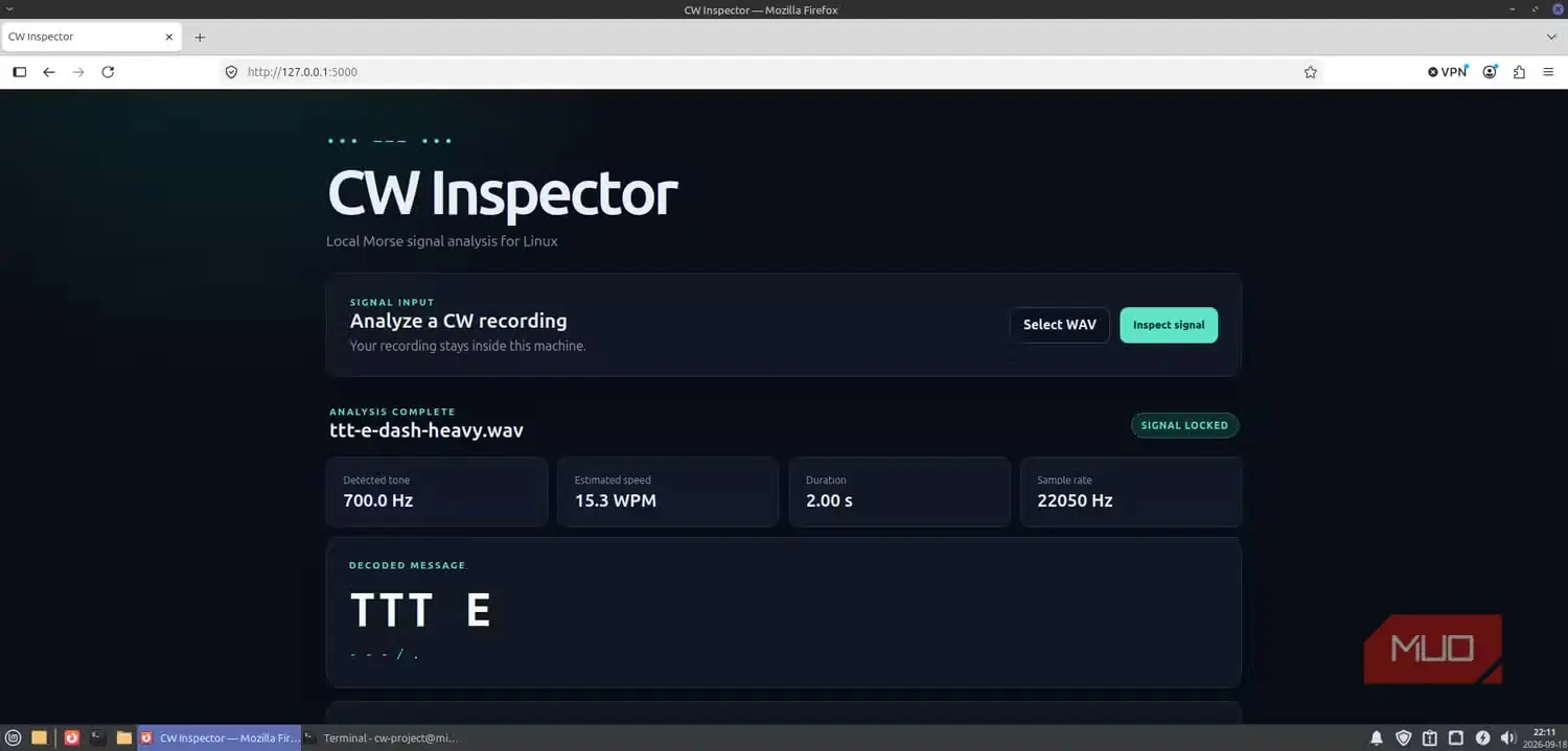 رمزگشایی درست پیام مورس TTT E با خطهای فراوان در CW Inspector پس از اصلاح زمانبندی