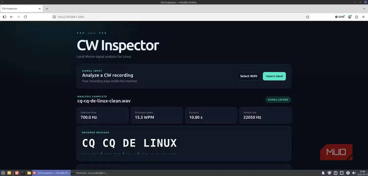 رمزگشایی درست CQ CQ DE LINUX در CW Inspector از یک فایل مورس WAV که بهطور مستقل ساخته شده است