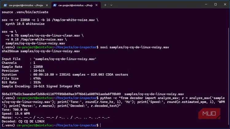 رمزگشایی درست CQ CQ DE LINUX در CW Inspector پس از افزودن نویز پهنباند به فایل ضبطشده