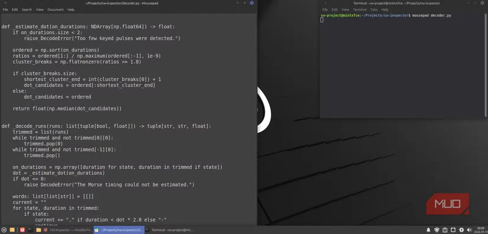 تابع Python برای جداسازی خوشههای پالس کوتاه و بلند مورس در رمزگشای اصلاحشدهٔ CW Inspector