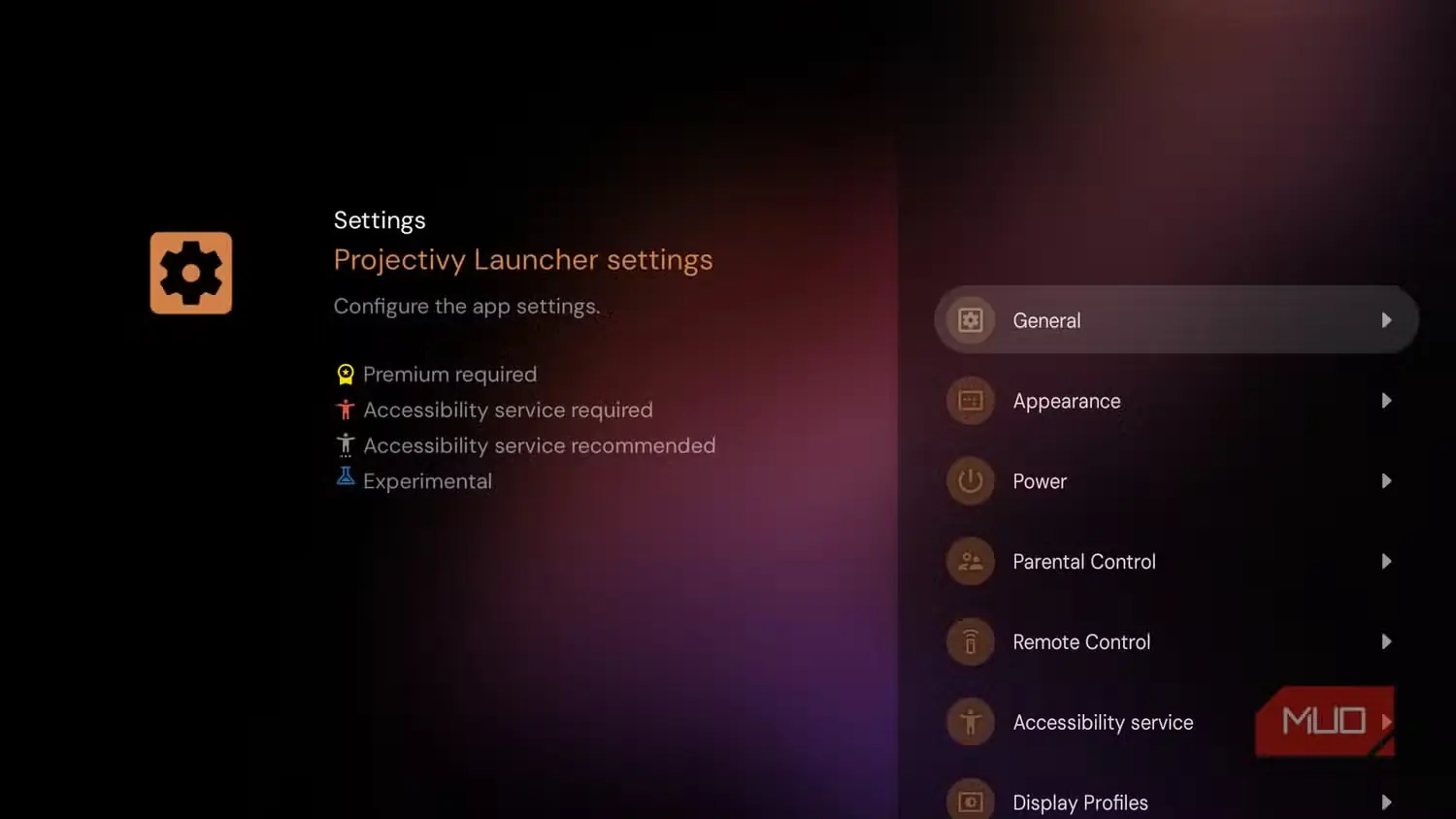 صفحهٔ تنظیمات Projectivy Launcher در Fire TV