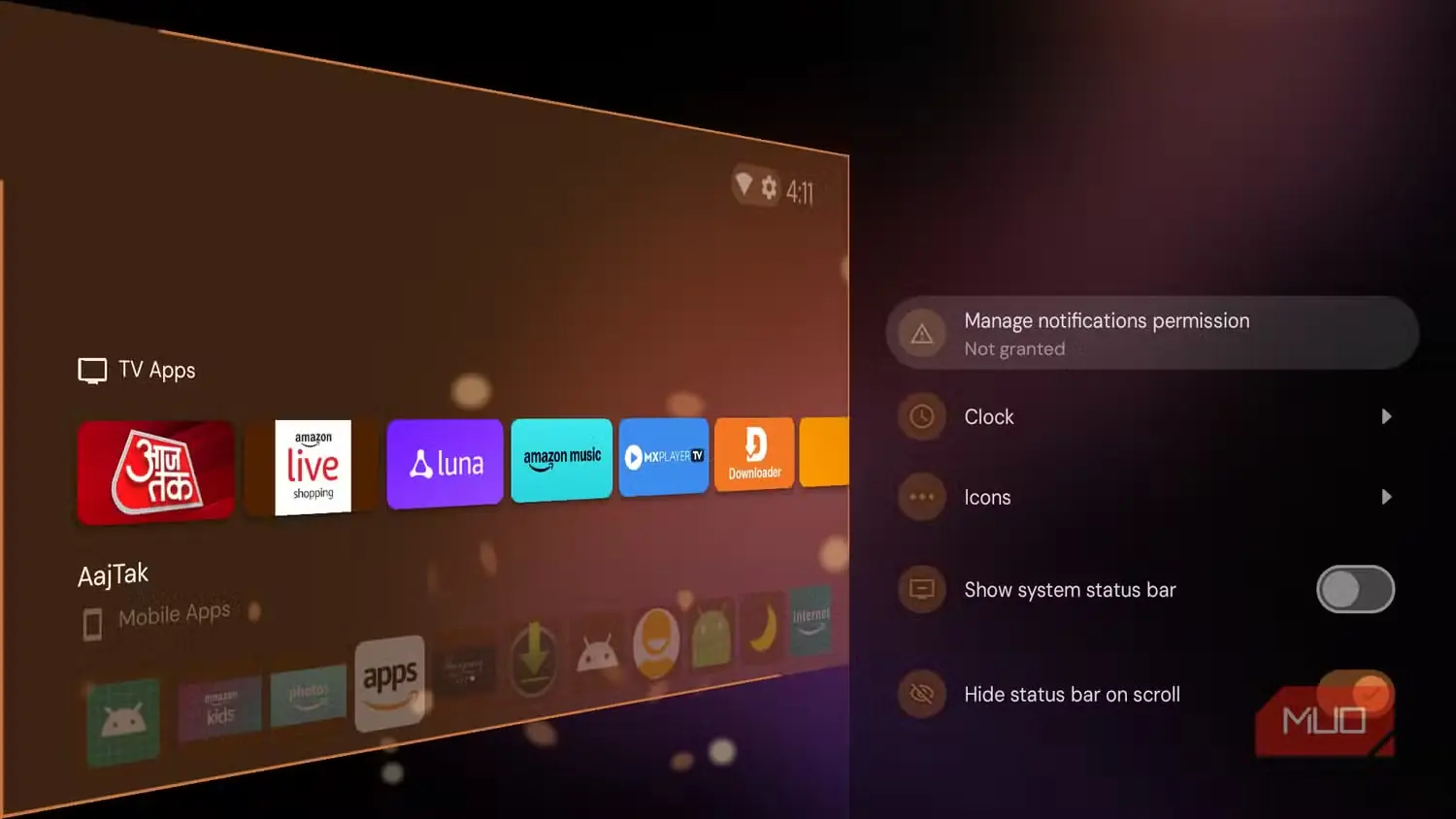 تنظیمات نوار وضعیت Projectivy Launcher در Fire TV
