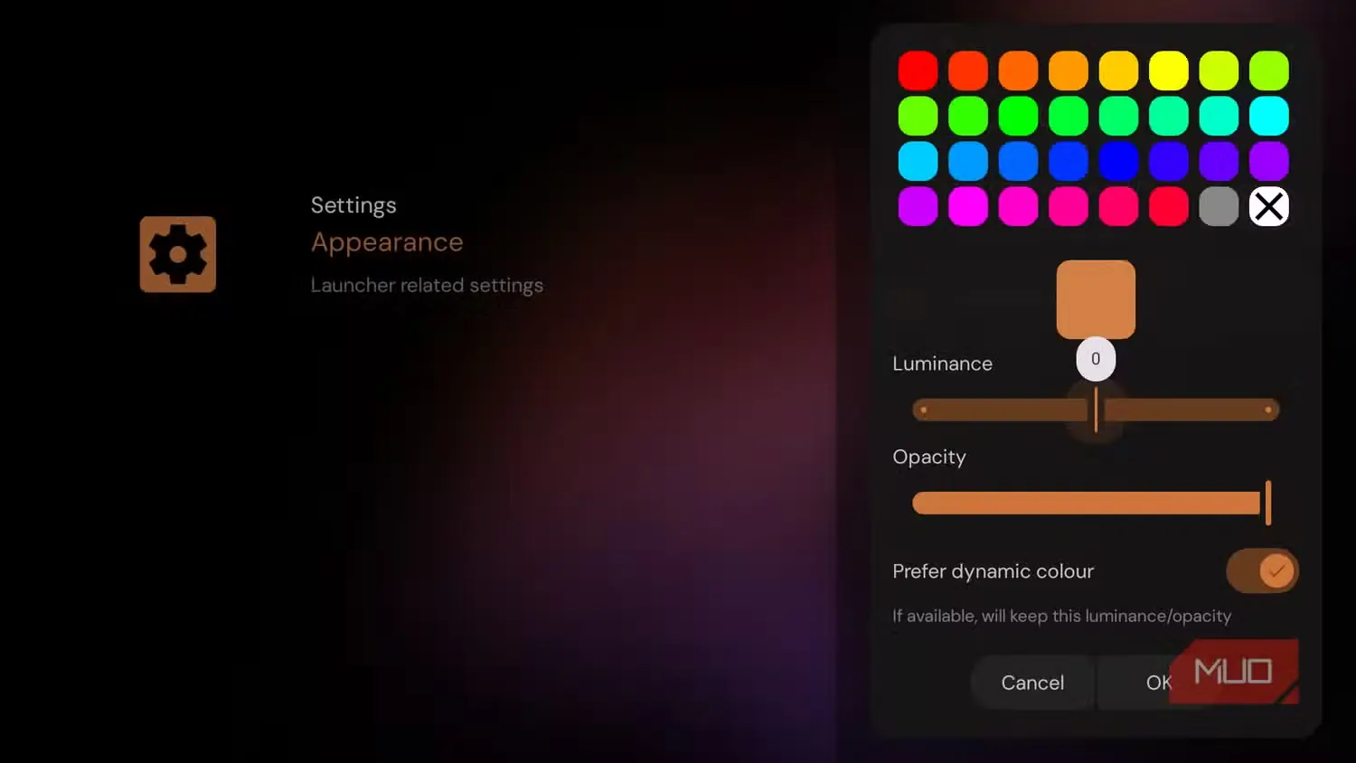 تنظیمات رنگ تأکیدی Projectivy Launcher در Fire TV