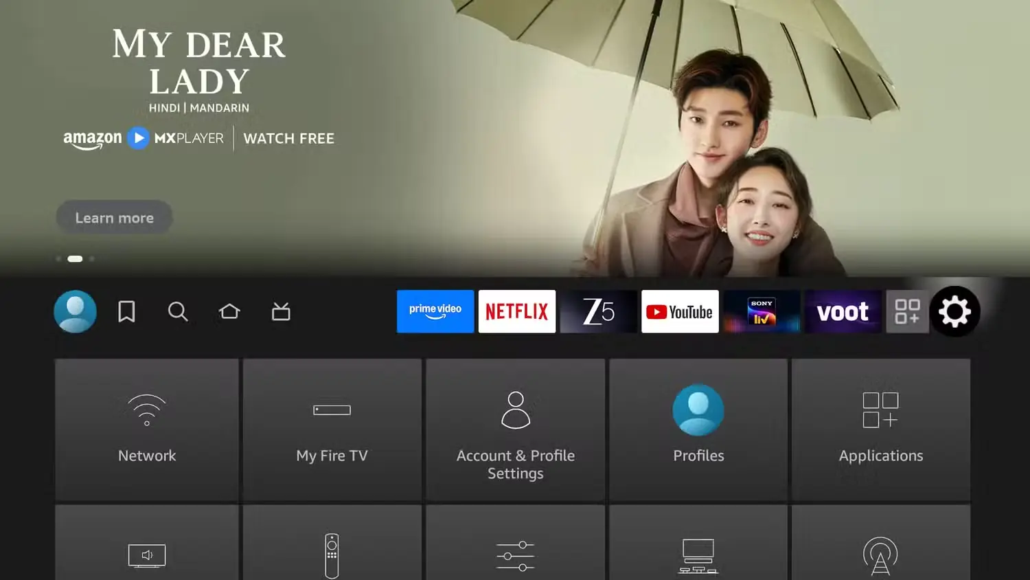 صفحهٔ اصلی Fire TV با نماد تنظیمات انتخاب‌شده