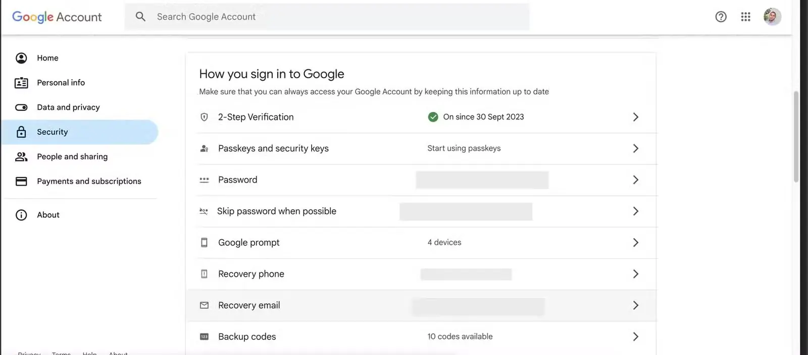 صفحه تنظیمات امنیتی حساب Google