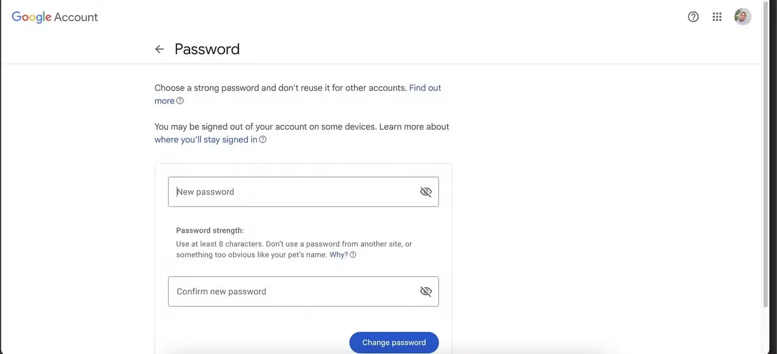 صفحه تغییر گذرواژه حساب Google