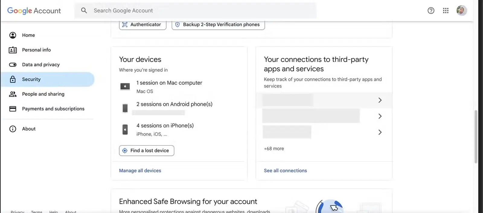 صفحه امنیت حساب Google و نمایش دستگاهها