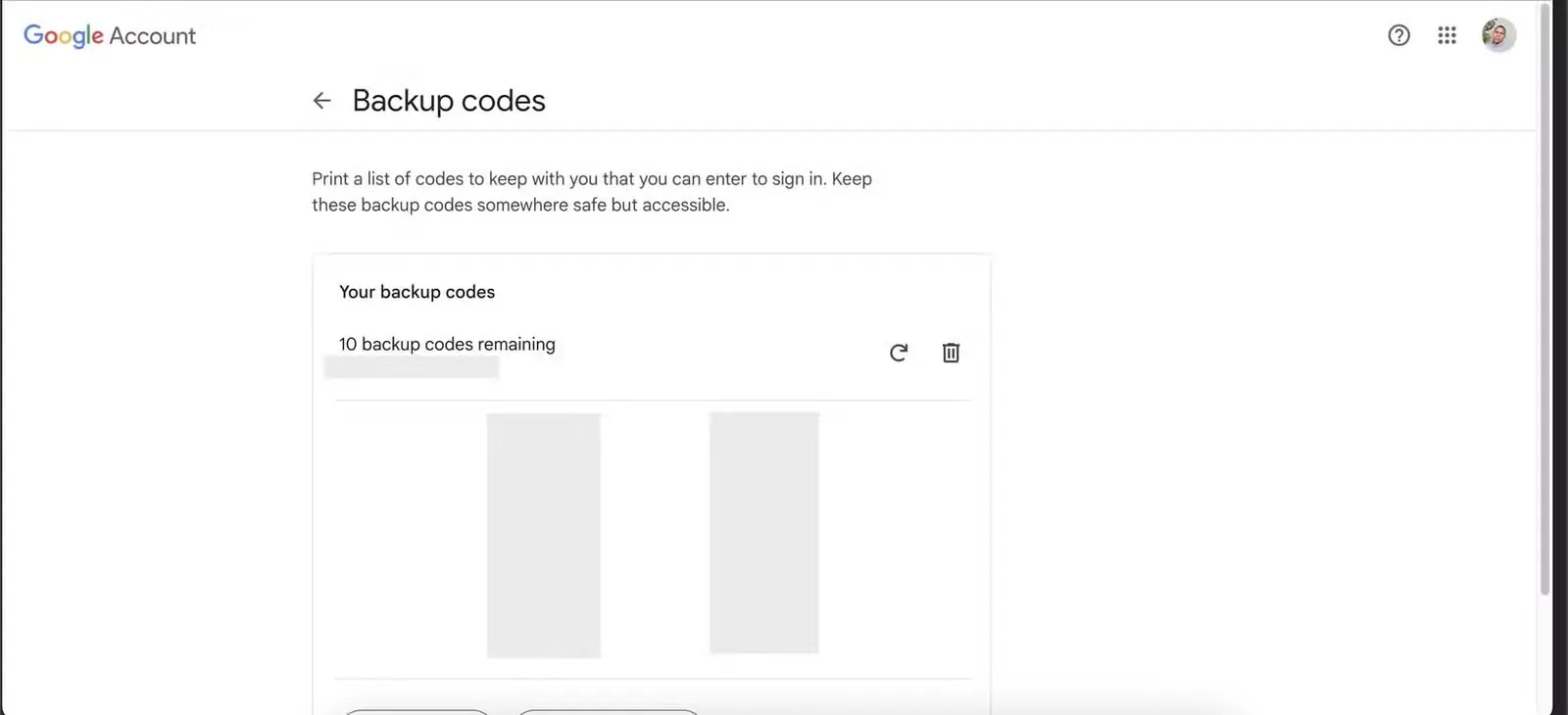 صفحه کدهای پشتیبان در حساب Google