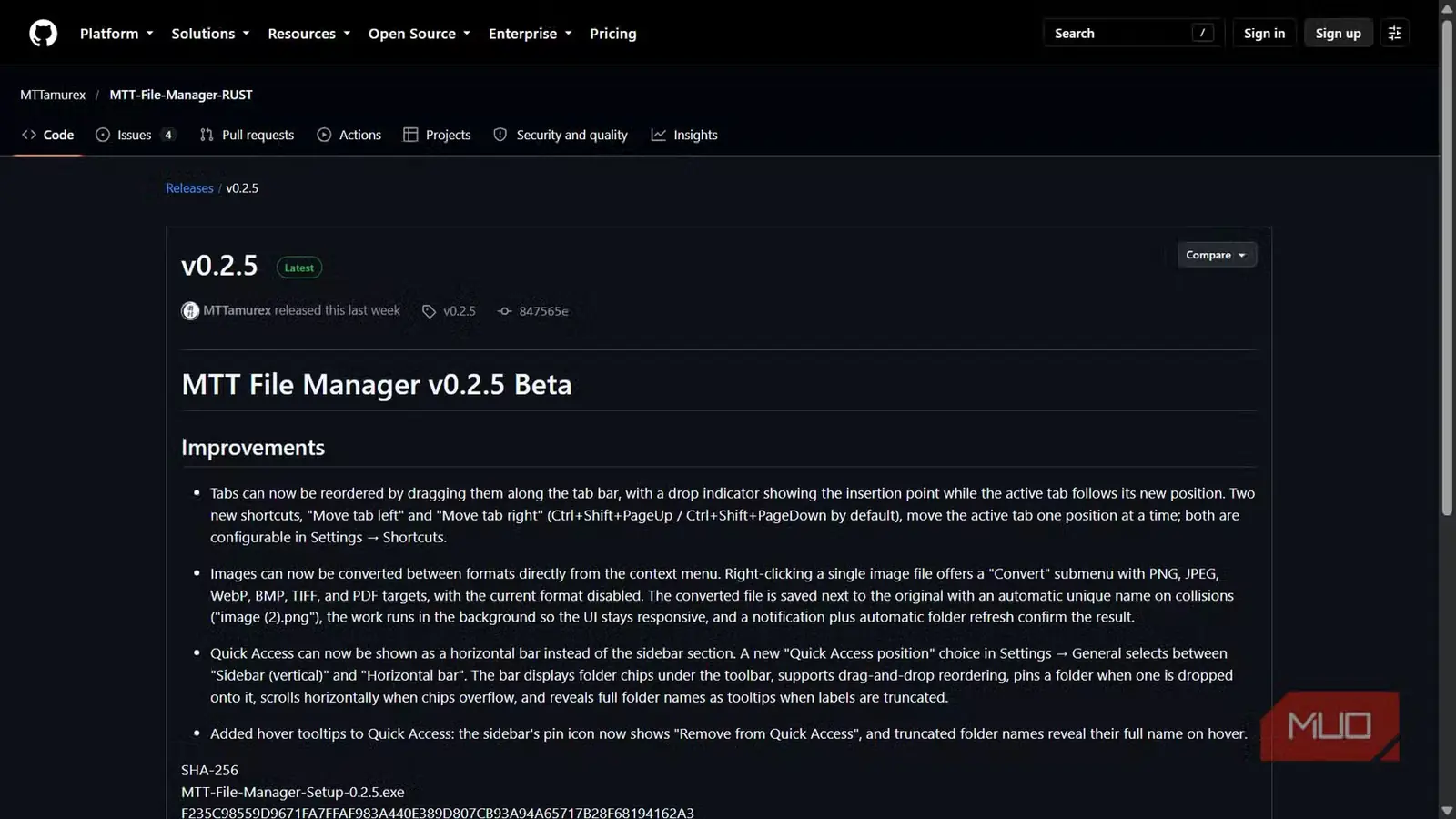 صفحهٔ انتشار MTT File Manager در GitHub