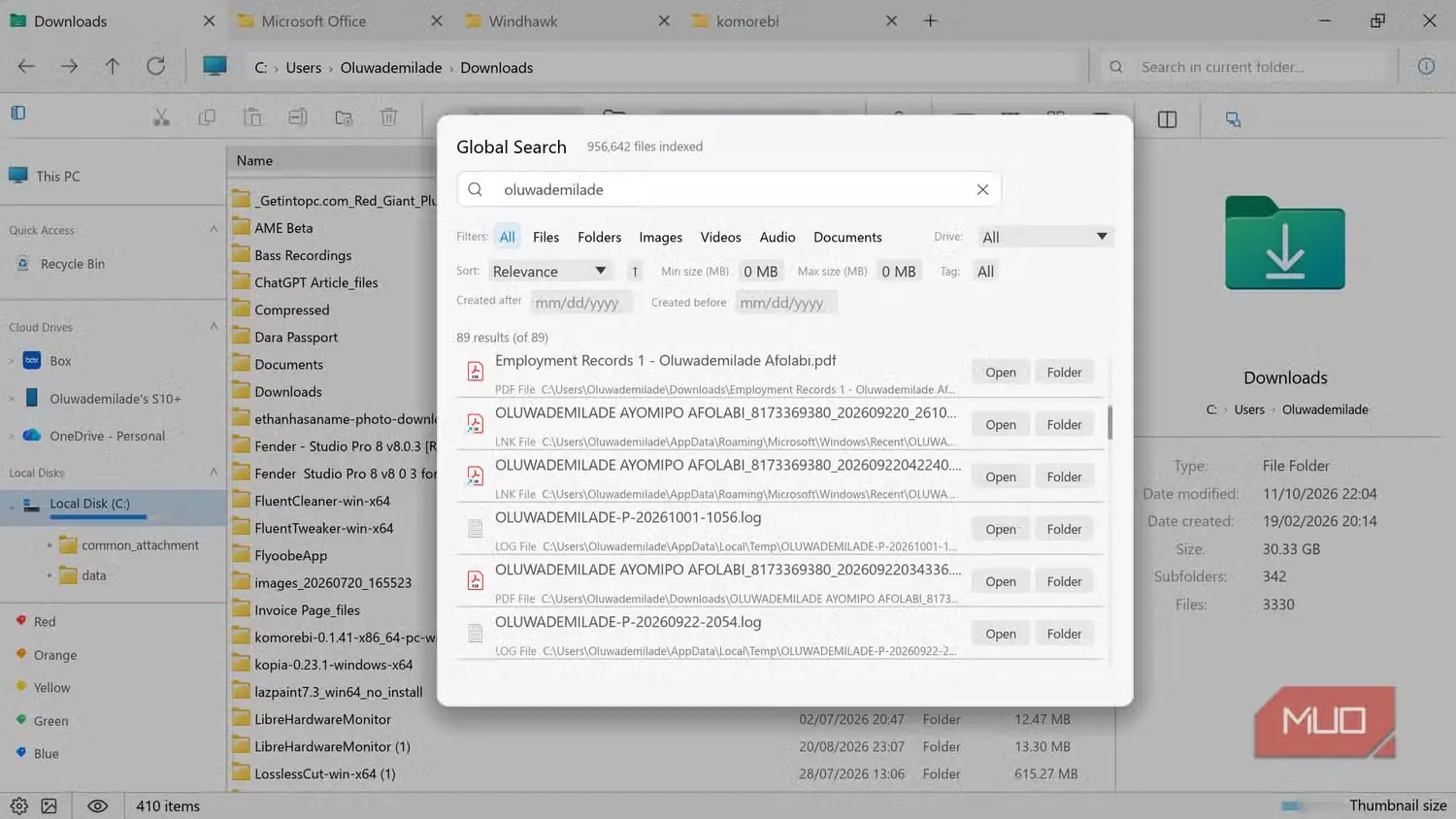 پنجرهٔ بازشوی نتایج جستوجوی سراسری در File Explorer