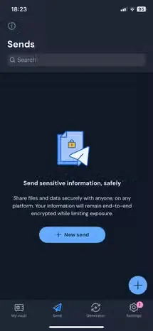 زبانه قابلیت Send در Bitwarden برای iOS