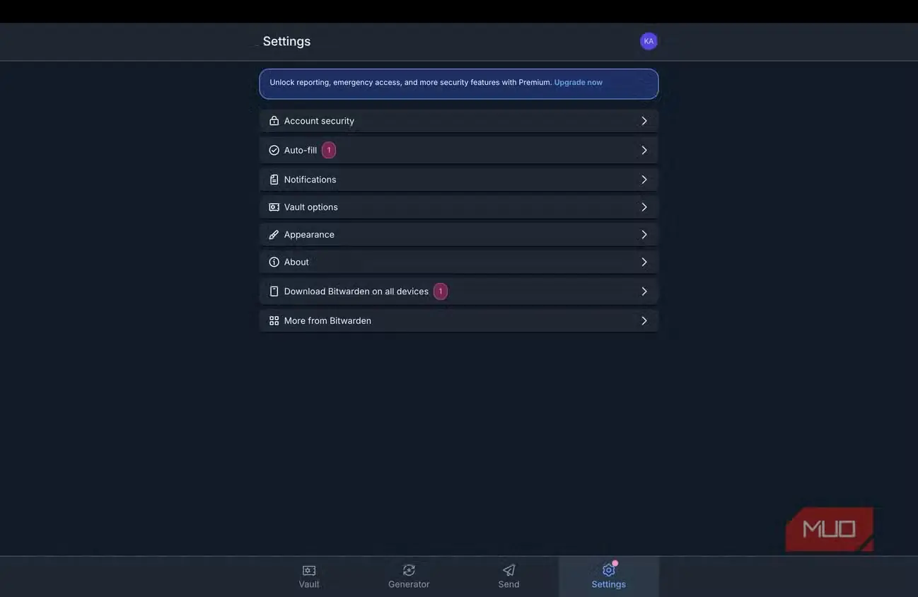 صفحه تنظیمات برنامه Bitwarden